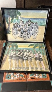 Vintage PAIR Photograph 1920s Oil Painting Palm Tree Hawaii Beach Bunny Bathing