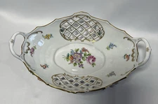 Dresden Hand-painted pierced, applied flowers gilded footed oval bowl