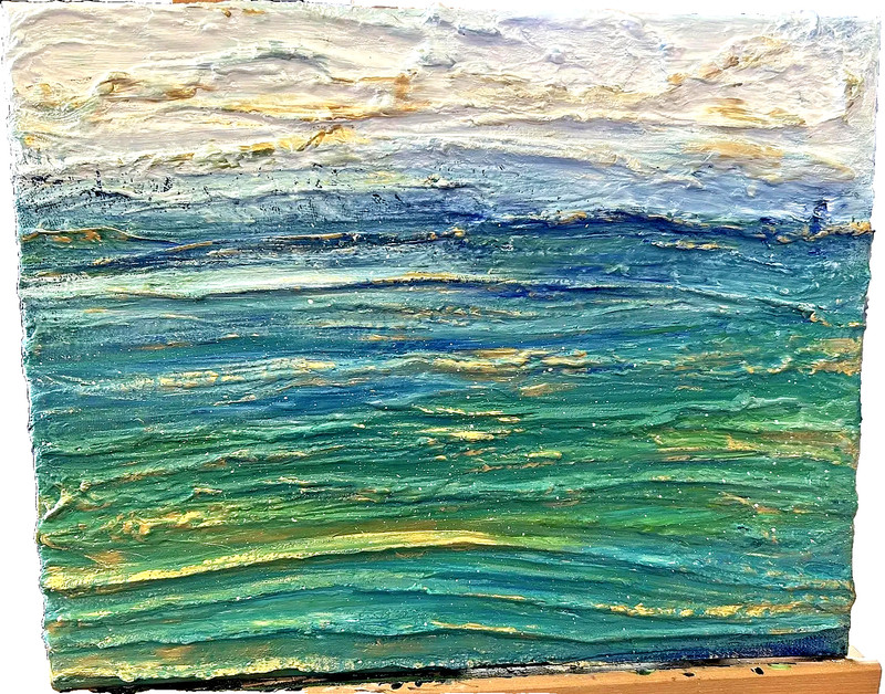 Bas-Relief Ocean Wall Beach Art - Textured Plaster Seascape "Golden Waves"