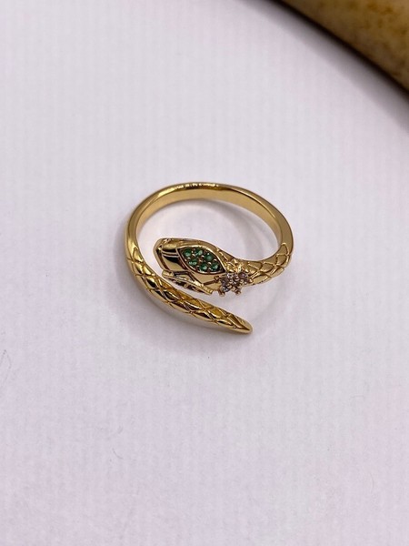 Alternate view of Gold Plated Snake Ring With Emerald Eyes Serpent Statement Jewelry
