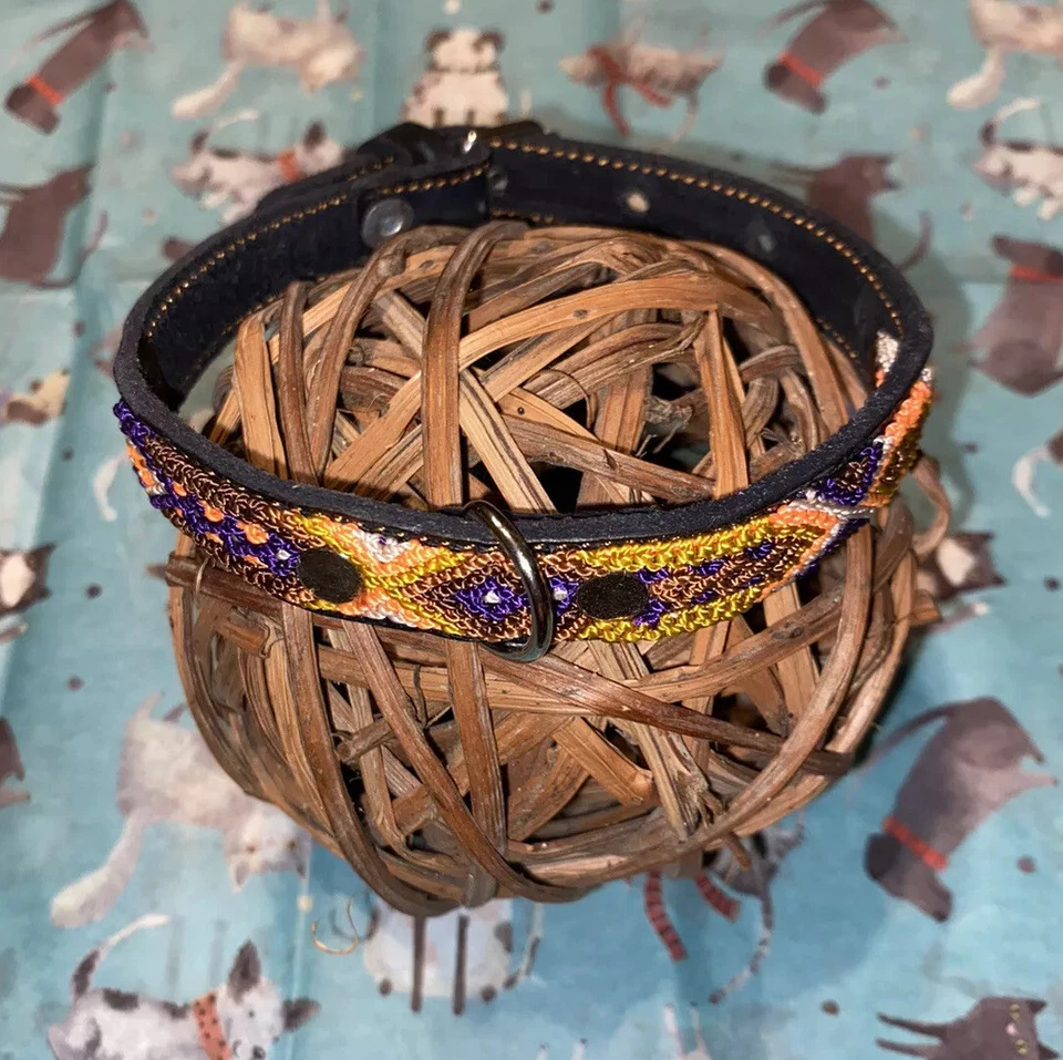 Dog Collar Genuine Leather 12" Length Small Breed 100% Colorful Silk Thread - Image 3 of 4