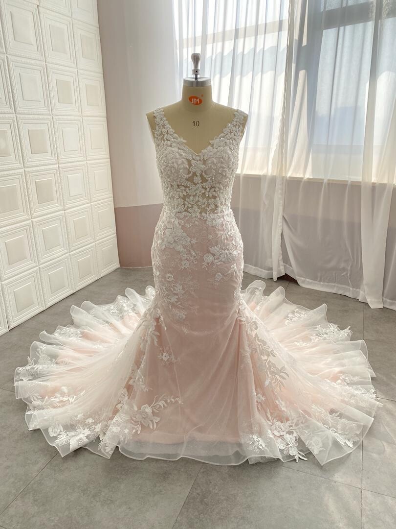 blush mermaid wedding dress Blush Pink Wedding Dresses,Mermaid Wedding Dress with Ruffles,Organza Bridal Gown,WD00108, US16W / Black