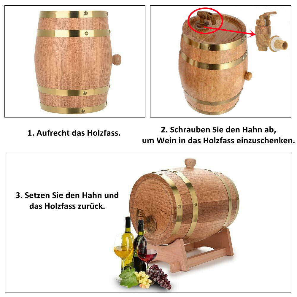 Holzfass 5L Weinfass Whiskyfass Brandyfass m. Hahn Untergestell Reifen Edelstahl