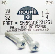 #10-32x1-1/4 Round Head Phillips Machine Screws Steel Zinc Plated (50)