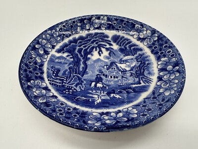 辻和美　factry zoomer reclaimed blue plate Blue Transferware Rural Farm Scene 5.5” Replacement Plate-Antique