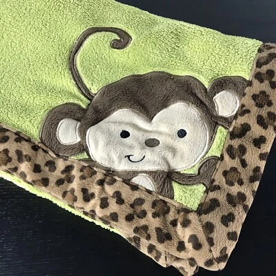 NOJO EMBROIDERED MONKEY GREEN LEOPARD PRINT TRIM BABY CRIB BLANKET - Image 1 of 4