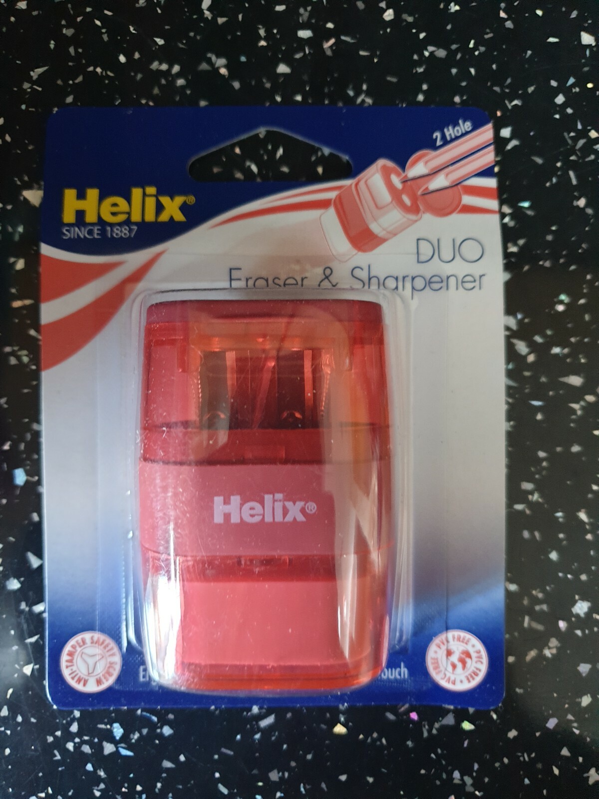 HELIX DUO ERASER &SHARPNER 2 HOLES PRECISE ERASING SOFT TOUCH PVC FREE