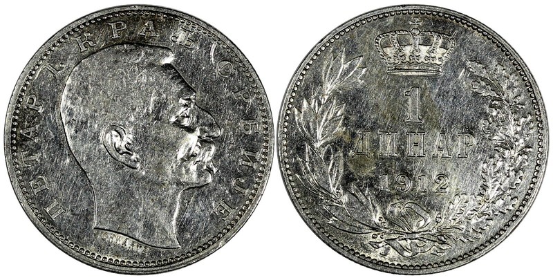 Serbia  Peter I (1903-1918) Silver 1912 1 Dinar Mint Luster aUNC KM# 25.1 (622)