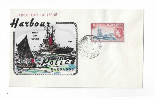 Barbados 1954 5c Harbour Police FDC / Overseas Mailers cachet z czerwoną koszulą var. - Zdjęcie 1 z 1