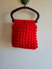 Women's VTG Handcrafted Crocheted Red Lined Plastic Handles Handbag/Purse