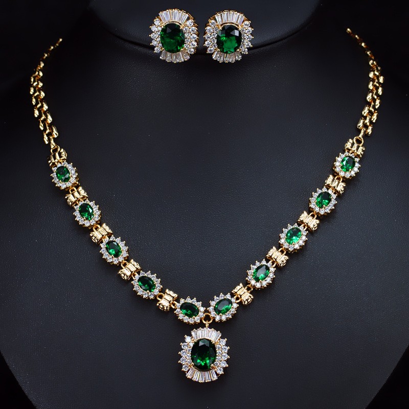 Women Fancy Oval Necklace Earrings Gold Plated Wedding Bridal Zircon Jewelry Set