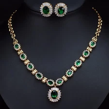 Women Fancy Oval Necklace Earrings Gold Plated Wedding Bridal Zircon Jewelry Set