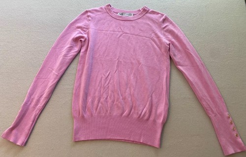 Zara Sweater Kids Medium Pink Stretch Gold Button Accent Rib Trim Knit Pullover - Picture 1 of 13