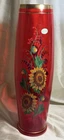 Vintage 18” Italy Murano Ruby Red Glass Vase Hand Painted Flowers Gold Rim
