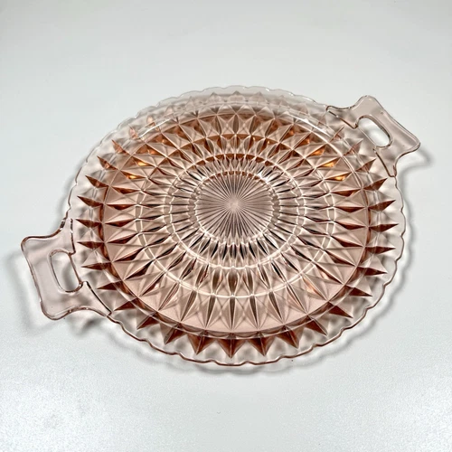 VTG Jeanette Glass Windsor Pink Depression Glass Handled Cake Plate Platter NICE
