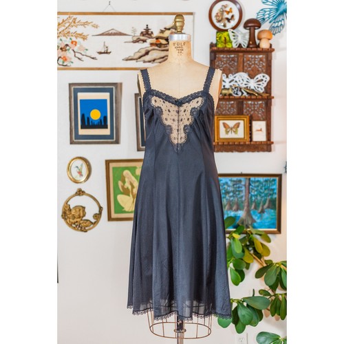 Vintage 60s Black Lacy Sheer Slip Nightgown, Silky Pinup Nightie Lingerie, S M - Picture 3 of 12