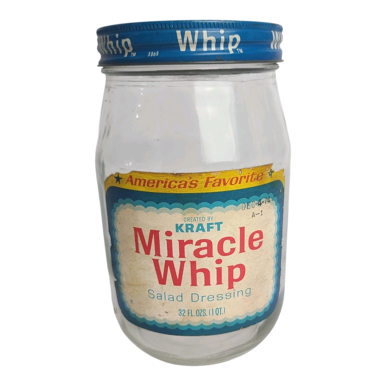 Vintage Miracle Whip Glass Jar W/ Lid 32 oz Wide Mouth Exp. 1974 TV Movie Prop