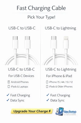 USB C to C & iPhone Cable 1M Fast Charger Type C PD Charging Lead Data Sync UK - Image 1 of 4
