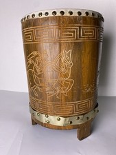 Vintage Asian Carved Wood Drum Stool Plant Stand 13.5” Brass Trim