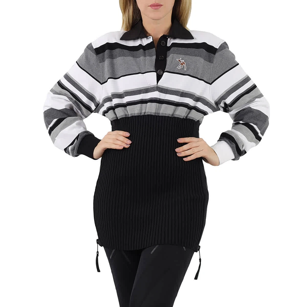 Burberry Long-sleeve Striped Cotton Reconstructed Polo Shirt, Size Small