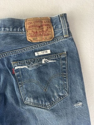 Levi s 501 Jeans Mens 36x32 Distressed Button Fly Light Wash Straight Leg Denim