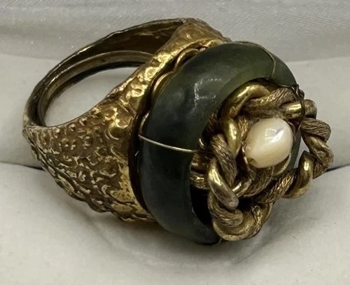 RARE Miriam Haskell Gold Plated Jade Pearl Brutalist Bird’s Nest Vintage Ring