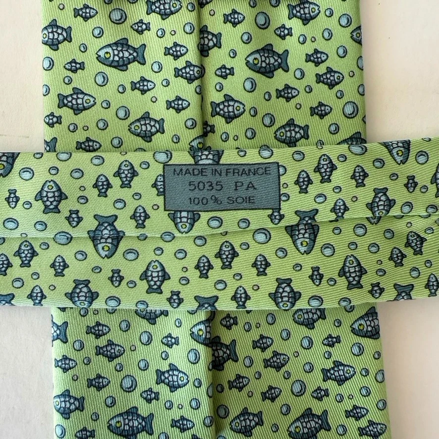 Hermès Hermes Cravatta Tie Cravate Krawatte 5035 PA - FISH ON GREEN - Imagen 4 de 4