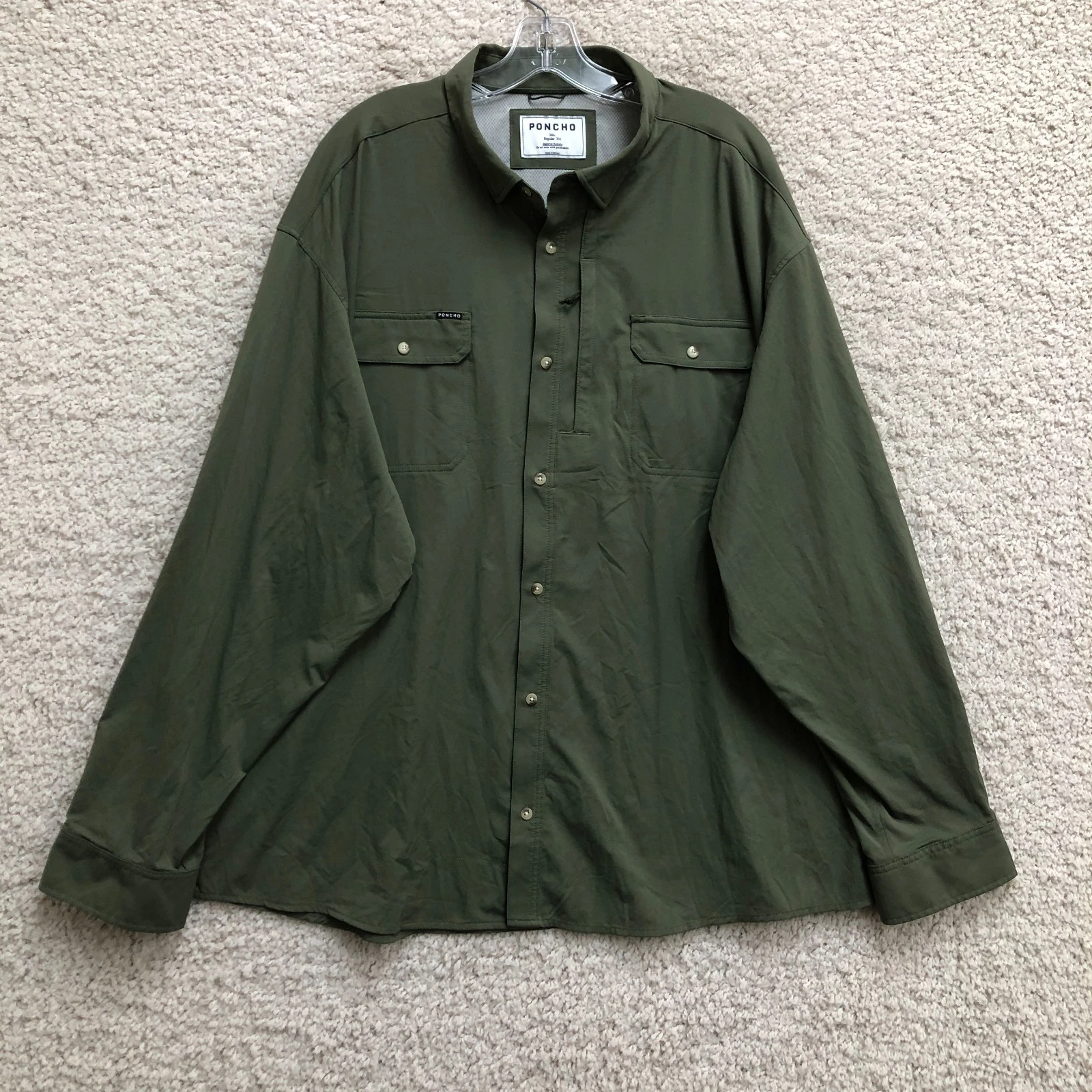 Poncho Button Up Shirt 3XL Adult Green Regular Fit Magnetic Pockets Outdoor Mens