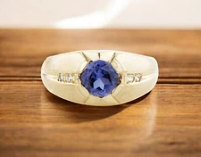 Blue Sapphire Round With 925 Sterling Silver Gold Plated Ring For Men #A254