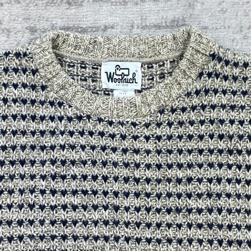 Maglione lana vintage Woolrich occhi di uccellino medio beige blu preppy outdoor anni 80 90 - Foto 3 di 10