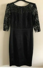 JAX Women's Elbow Sleeve Crochet Lace Satin bottom Knee length Black Dress Sz 10
