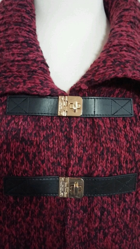 全新带标签! Michael by Michael Kors 皮革扣开衫,毛衣外套,红宝石 $225,M — 第 2/4 张图片