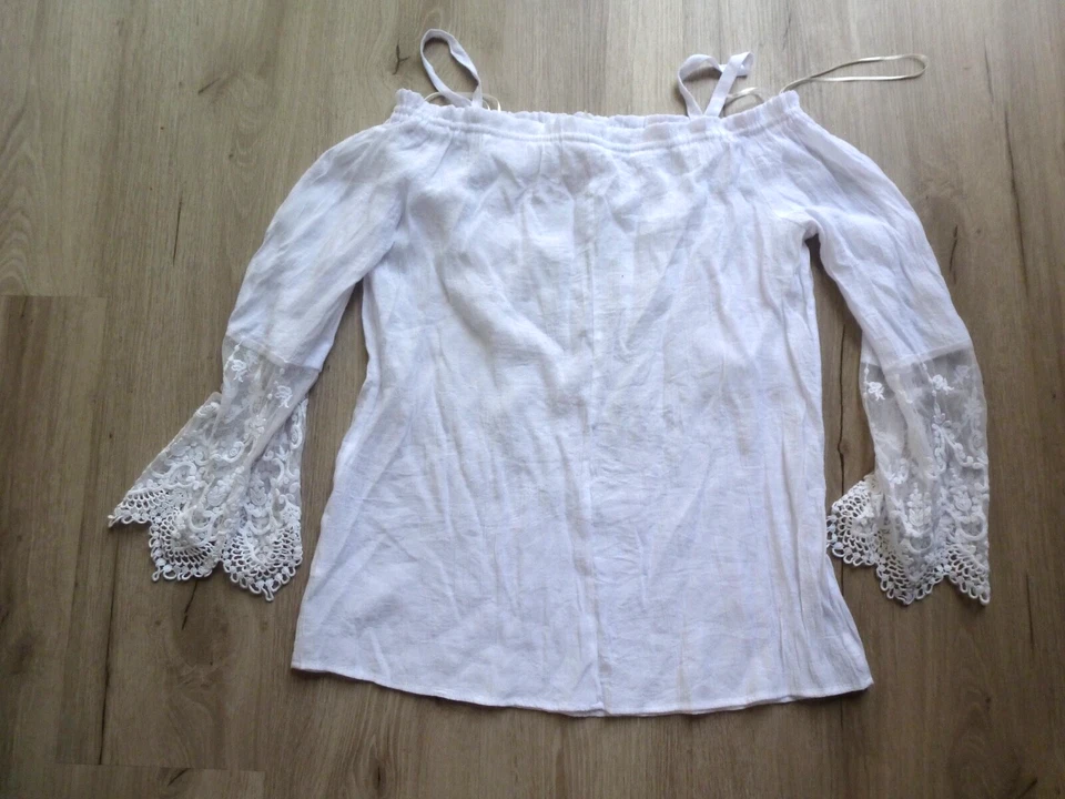 NY Collection Blouse Women's M White Floral Lace Boho Peasant Hole Sleeve Pic#4 Foto 2 de 4