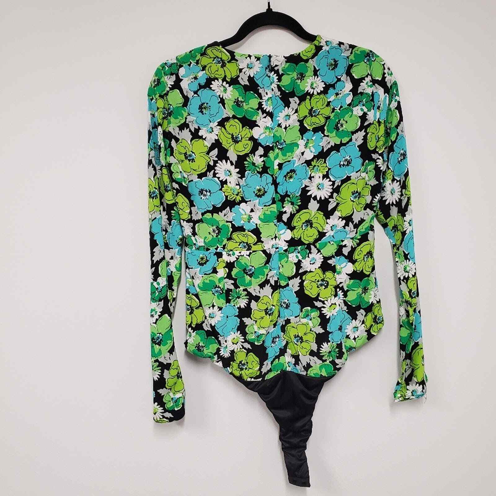 NEW Zara Drapey Floral Bodysuit M Bright Green Blue 70's Business Casual Sexy