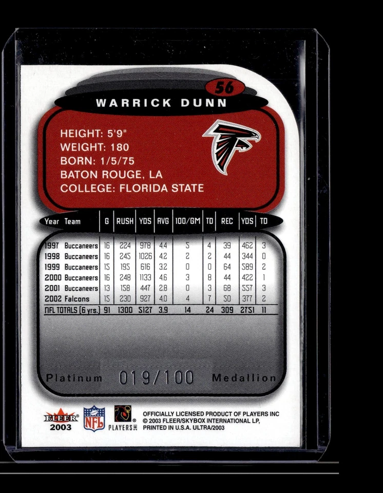 2003 Ultra Platinum Medallion #56 Warrick Dunn #/100 - Image 2 of 2