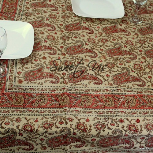 Cotton Paisley Floral Block Print Tablecloth Rectangle Pink Orange Dining Linen - Picture 5 of 8
