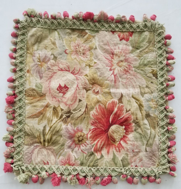 Vintage French Aubusson Needle Point Floral Tassels Cushion Cover 50x48cm