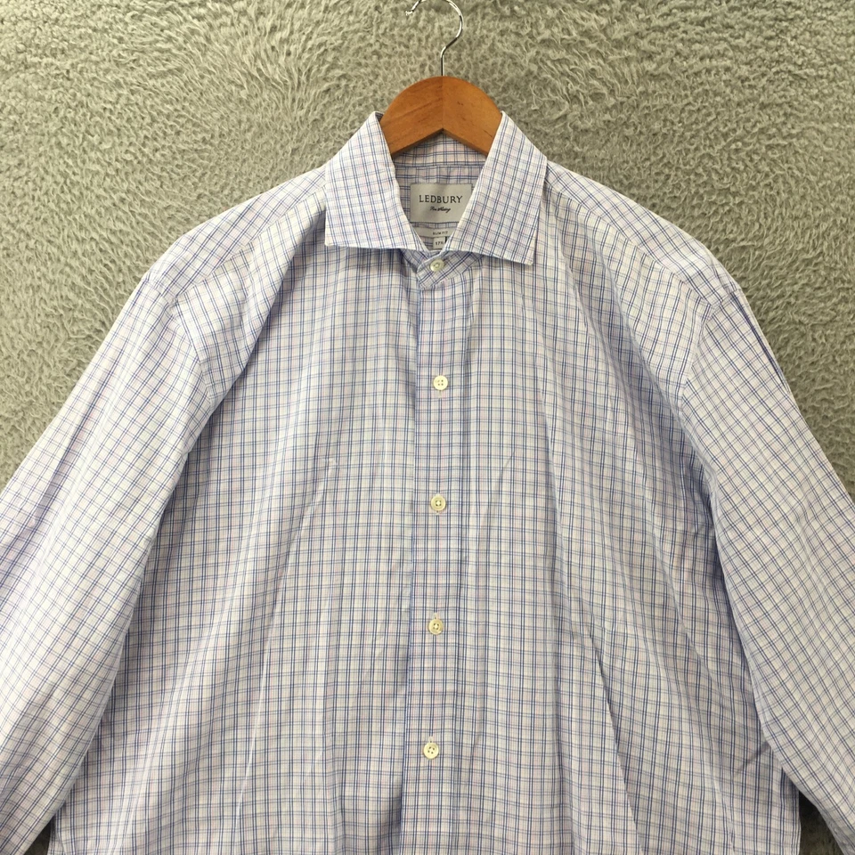 Ledbury Button Up Long Sleeve Shirt Mens 17.5 Slim Fit Blue Checkered Collared - Image 2 of 4