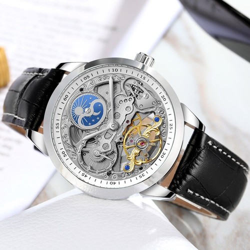 Mens Automatic Leather Wrist Watches Leather Strap Self-Winding Mechanical Punk - Picture 4 of 20