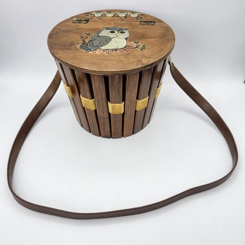 Vintage 70's Owl Lidded Wooden Basket Bucket Bag Purse Hinge Top Leather Strap - Bild 10 von 17