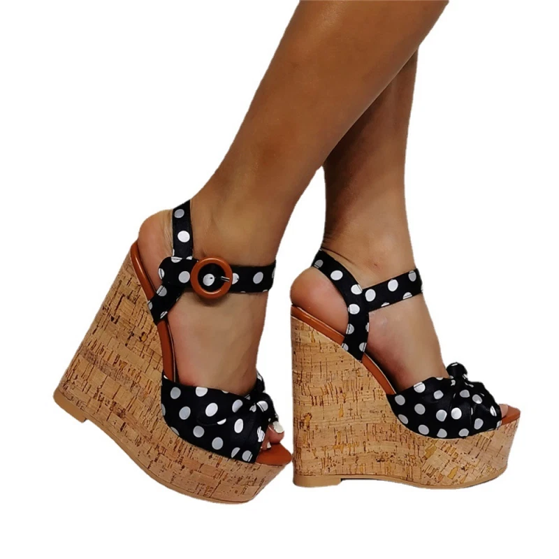 Sandalias de plataforma de tacón alto de cuña para mujer punta abierta lunares hebilla zapatos fiesta Foto 2 de 4