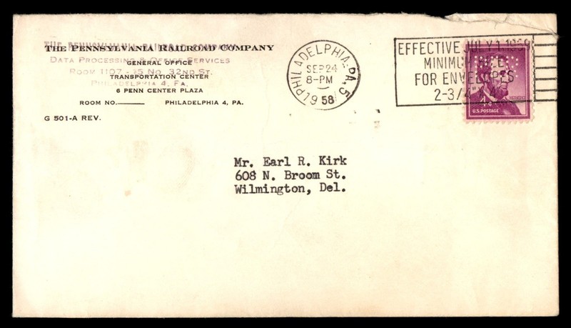 Mayfairstamps US 1958 PA RR Co Phila to Wilmington DE Perfins Cover cca_05965