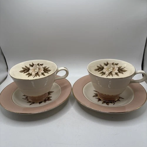 Two Sevron Fair Lady Footed Tea Cup & Saucer Gold Trim Floral Pink MCM