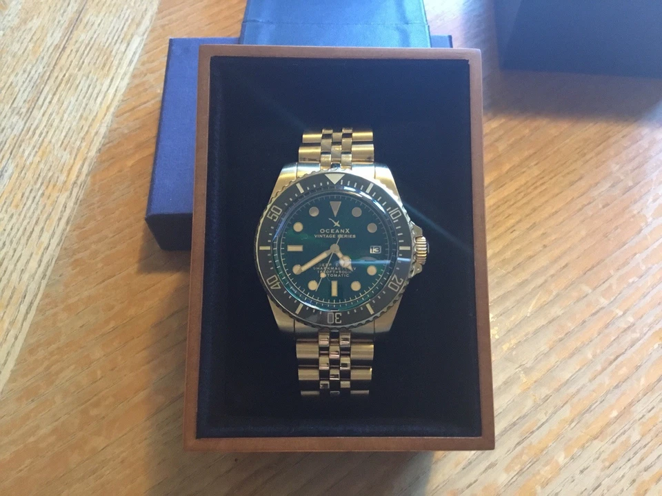 Автоматические дайверские часы Ocean X Sharkmasterv винтажной серии золотистый зеленый циферблат - Изображение 2 из 4