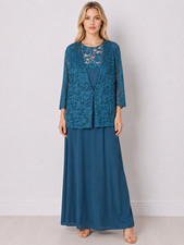 Alex Evenings Dress Jacket Teal Blue Lace Tier Front A-Line Party Size 18W