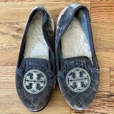 Tory Burch Gray  Silver Quilted Billy Slippers Loafers Size 6