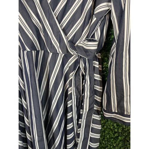 Mlle Gabrielle Striped Faux Wrap Dress Women 3X Blue Asymmetric Roll Tab Sleeves - Picture 13 of 14