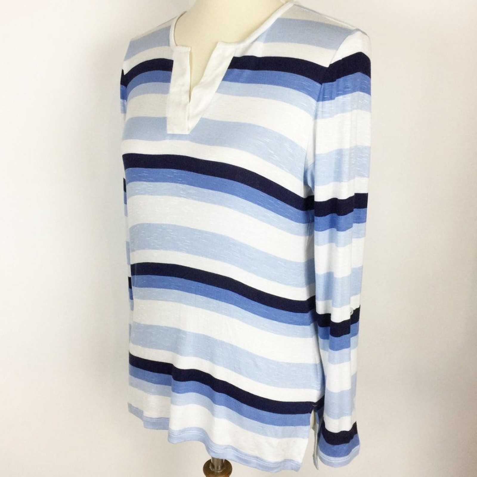 Leo & Nicole Prague Striped V-Neck Henley Top Women Size S