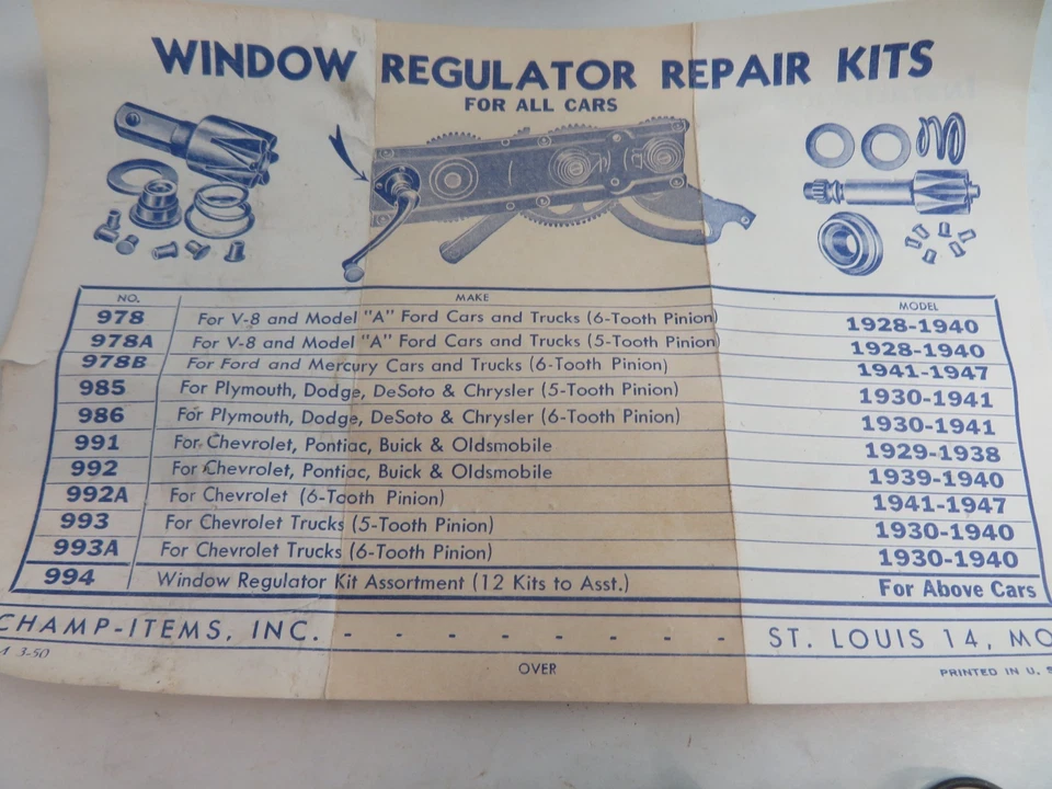 Champ #986 Kit Reparación Regulador Ventana Plymouth Dodge Chrysler 6 Dientes 1930-1941 Foto 3 de 4