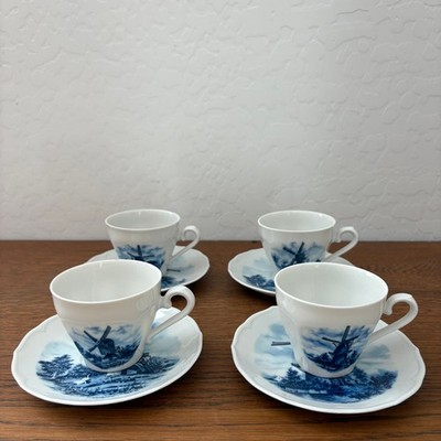 Set of 4 Ter Steege Delft Blauw Hand Decorated Windmill Tea Cup Saucers Holland